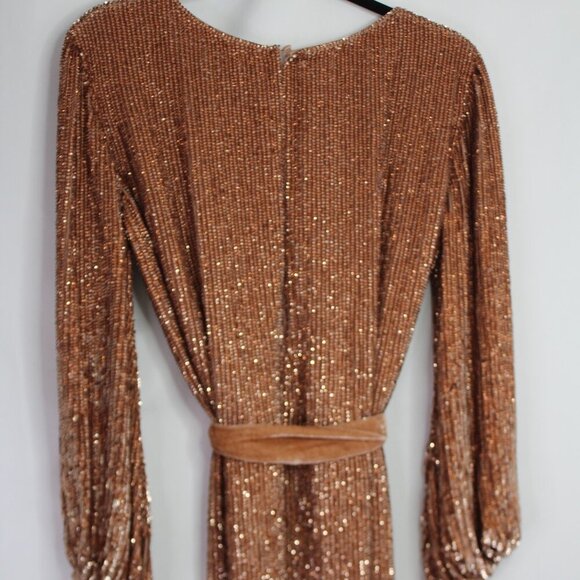 Retrofete Grace Sequin Long Sleeve Mini Dress with Velvet Tie Belt Bronze SizeXS - Picture 9 of 14